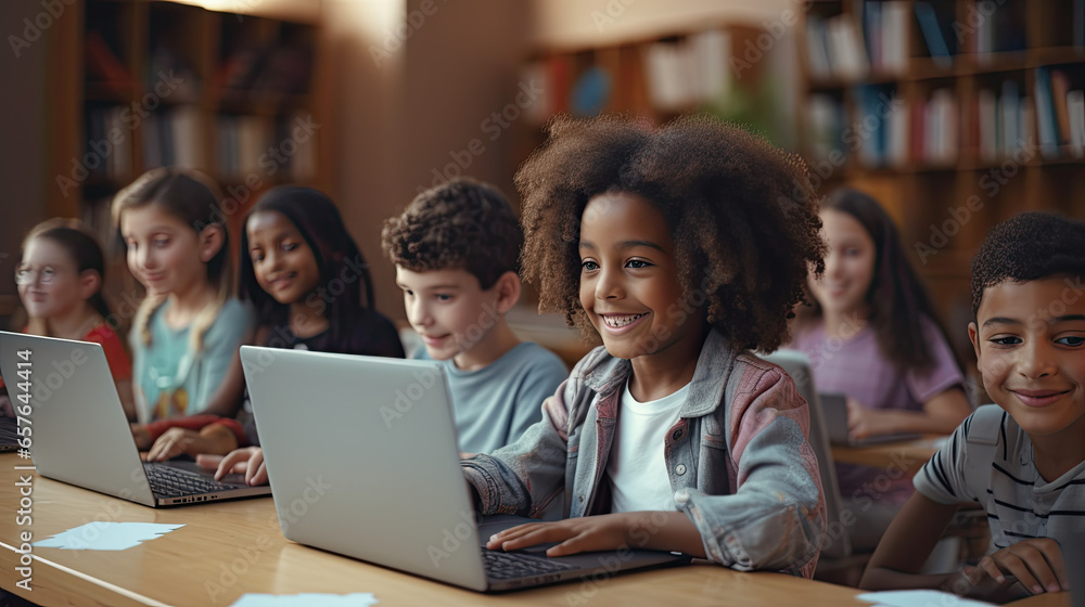 Multi ethnic Elementary Students Learning Computer Skills in Classroom Multi ethnic Elementary Students Learning Computer Skills in Classroom