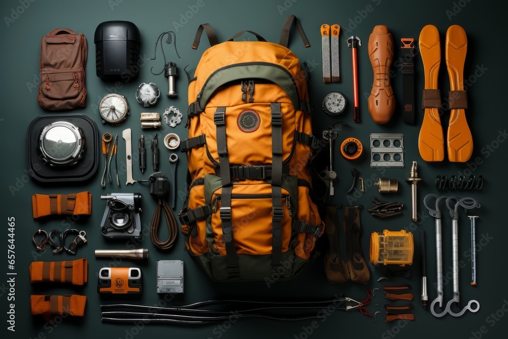 Fototapeta premium Mountain climbing kit with climbing gear, ropes, and carabiners, Generative AI