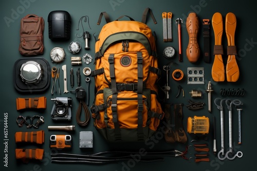Mountain climbing kit with climbing gear, ropes, and carabiners, Generative AI