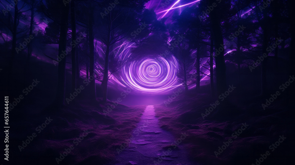 A purple tunnel in the middle of a forest