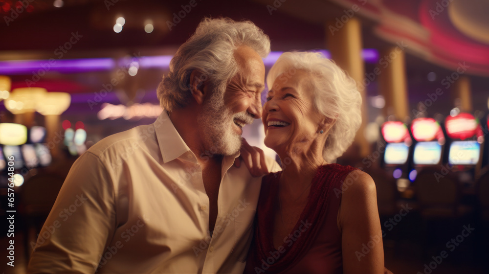 Casino Jubilation: A Joyful Elderly Couple Embraces Retirement Bliss, Celebrating a Grand Win on Their Vacation in the Casino. Casino Jubilation: A Joyful Elderly Couple Embraces Retirement Bliss, Celebrating a Grand Win on Their Vacation in the Casino.