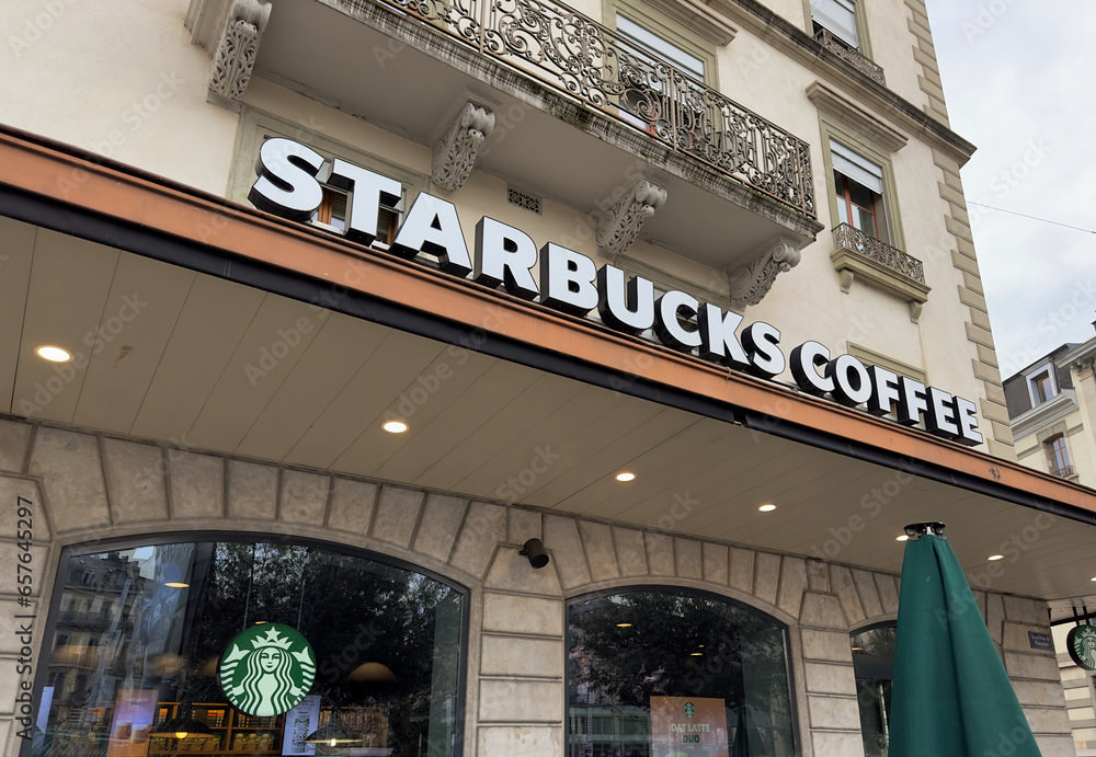 Geneva, Switzerland Jan 12, 2023. Starbucks coffee shop. Starbucks Coffee is an American chain