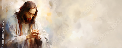 Religious Christian banner with copy space of Jesus Christ praying - artistic oil painting style