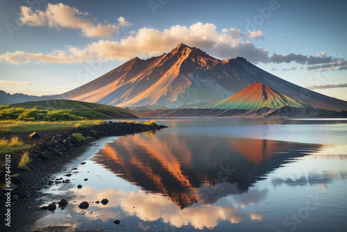 Fantastic evening panorama of Bachalp lake / Bachalpsee, Switzerland. Picturesque autumn sunset in Swiss alps, Grindelwald, Bernese Oberland, Europe. Beauty of nature concept background. photo