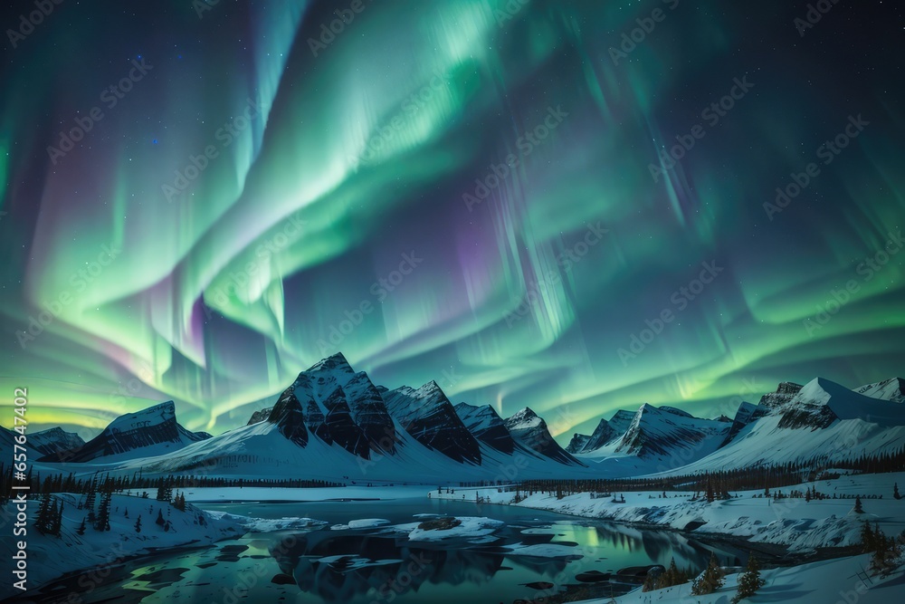 Arctic landscape with northern lights in the night sky  and lakes and mountains