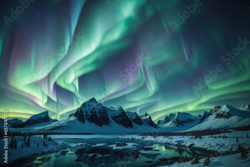 Arctic landscape with northern lights in the night sky  and lakes and mountains © ahmudz