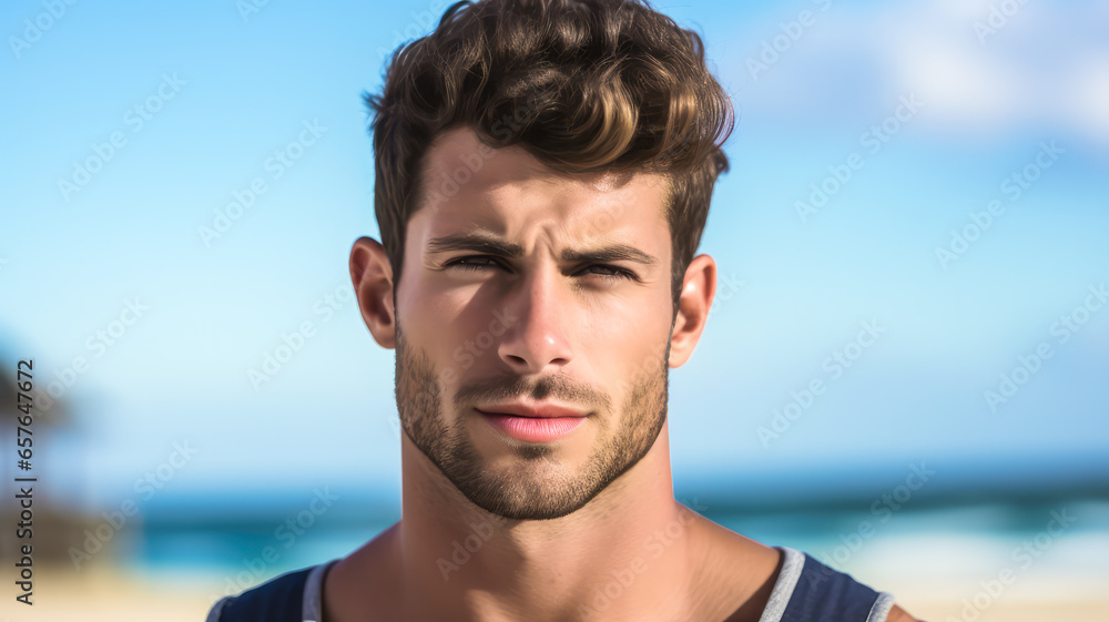 Ein Mann in Porträt. Nahaufnahme eines gut aussehenden Mannes. Generiert mit KI. Ein Mann in Porträt. Nahaufnahme eines gut aussehenden Mannes. Generiert mit KI.