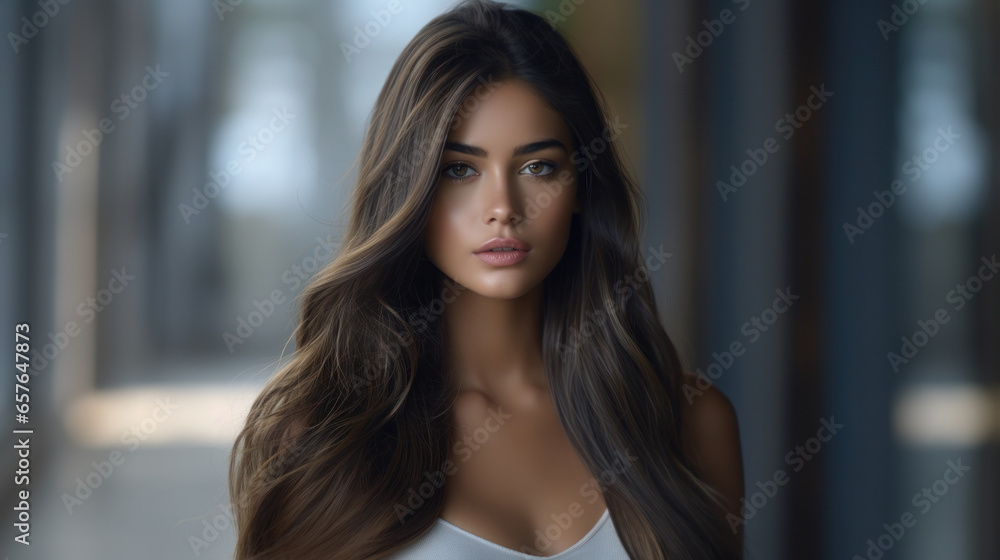 Glamour with Flow: A Young and Attractive Woman Model Showcasing a Stunning, Flattering Long Hairstyle. Glamour with Flow: A Young and Attractive Woman Model Showcasing a Stunning, Flattering Long Hairstyle.