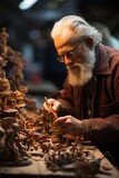Skilled woodcarver creating intricate figurines at a craft booth, Generative AI