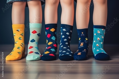 Legs with different a pair of mismatched socks . World Down syndrome day .  photo