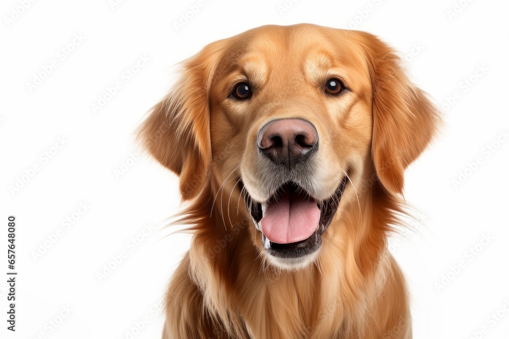 Portrait of a golden retriever dog on a white isolated background. Close-up.