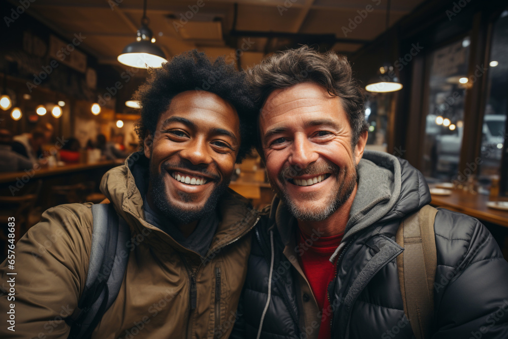 Smiling multiracial gay couple taking selfie on mobile, smartphone while sitting in bar cafe or calling friends, relatives. Happy generation z millenials LGBTQ relationship concept