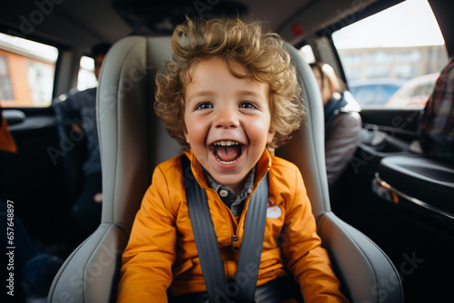 Elementary grade smiling happy cheerful child sitting in car with seat belt in safety chair seat or in public transport for safe travel of children and adult people.