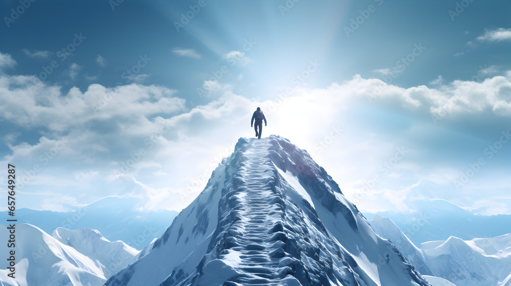 Goal to success, person climbing on route slope to snow covered mountain peak, human performance limit concept - obrazy, fototapety, plakaty 