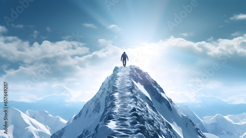 Goal to success, person climbing on route slope to snow covered mountain peak, human performance limit concept photo