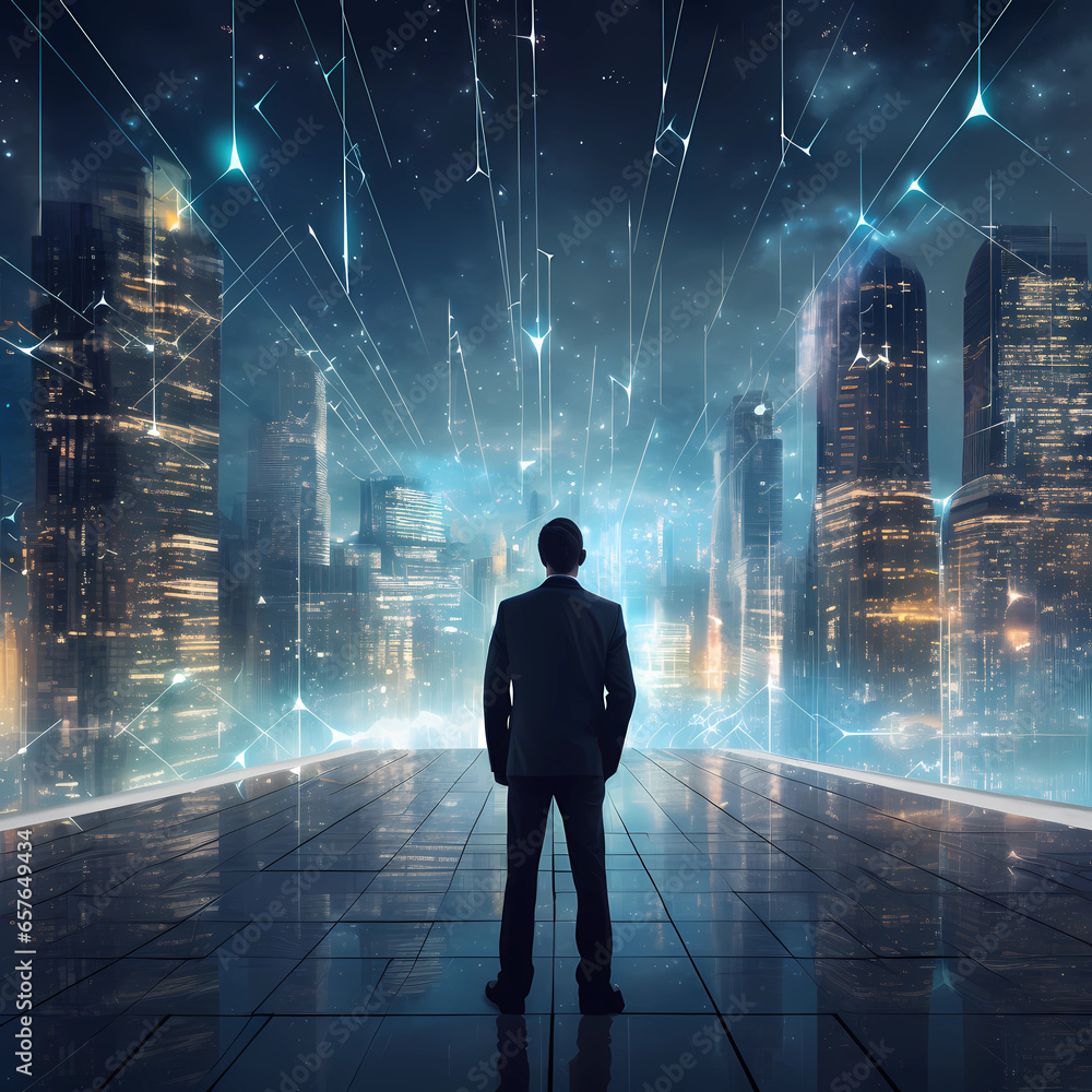 Obraz premium Business man on future network city