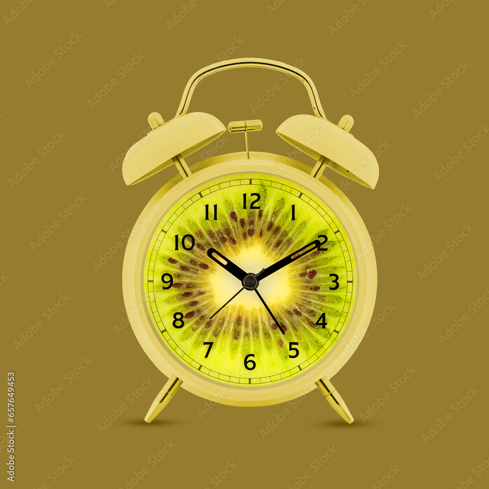 Creative alarm clock with kiwi fruit image over khaki green background. Wake up, deadlines, time. Contemporary art collage. Concept of creativity, surrealism, imagination, ideas. Copy space for ad Creative alarm clock with kiwi fruit image over khaki green background. Wake up, deadlines, time. Contemporary art collage. Concept of creativity, surrealism, imagination, ideas. Copy space for ad