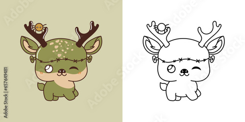 Cute Halloween Deer Clipart Illustration and Black and White. Kawaii Clip Art Halloween Animal.