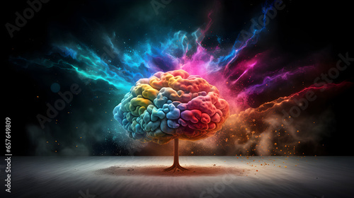 Human brain exploding with immense knowledge and creativity, colourful powder all around the brain on a dark background