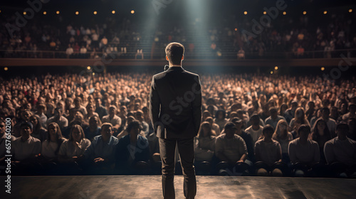Motivational Speaker standing in front of the crowd in a full packed auditorium photo