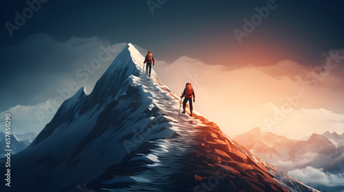 Reaching the top and Success, person climbs snow covered mountain peak, performance limit concept © Trendy Graphics