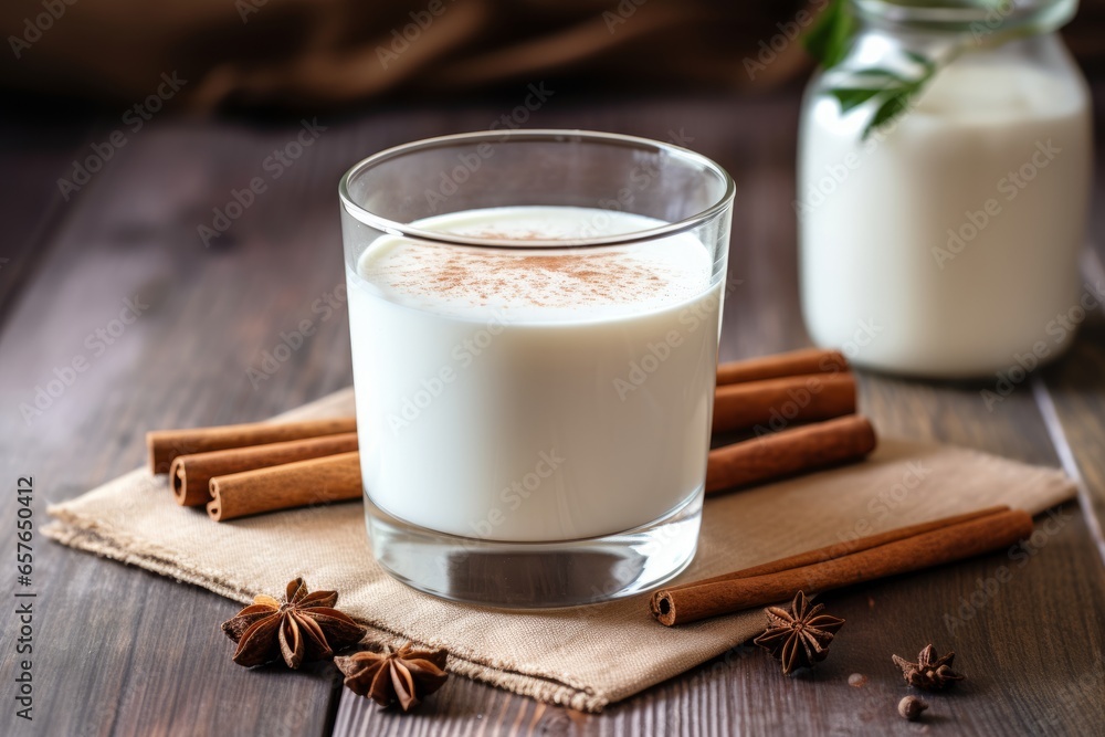 A refreshing glass of homemade rice milk, garnished with a sprinkle of cinnamon, sitting on a rustic wooden table in soft morning light A refreshing glass of homemade rice milk, garnished with a sprinkle of cinnamon, sitting on a rustic wooden table in soft morning light