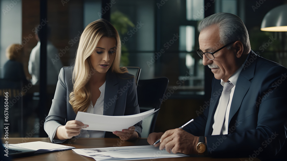 Two executives discussing accounting papers in office about Finance. Professional business manager consults elderly client holding legal documents at a meeting - obrazy, fototapety, plakaty 