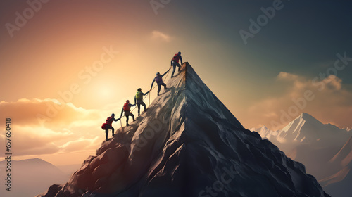 Teamwork to get success together, mountaineers helping each other to climb up on top of the mountain peak, leadership to lead team to achieve the target photo