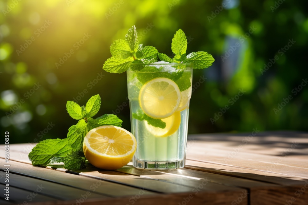 A Refreshing Glass of Lemon Mint Juice Served on a Rustic Wooden Table, Illuminated by the Warm Summer Sunlight A Refreshing Glass of Lemon Mint Juice Served on a Rustic Wooden Table, Illuminated by the Warm Summer Sunlight