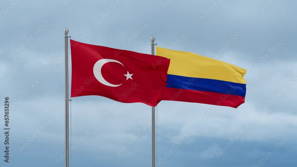 Colombia and Turkey flag waving together on cloudy sky, endless seamless loop, two country cooperation concept Colombia and Turkey flag waving together on cloudy sky, endless seamless loop, two country cooperation concept