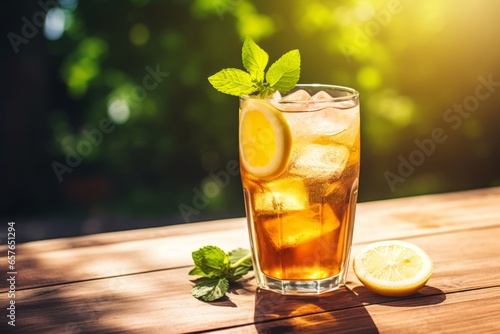 A refreshing glass of homemade lemon iced tea, garnished with a fresh slice of lemon and a sprig of mint, sitting on a rustic wooden table in the summer sunshine