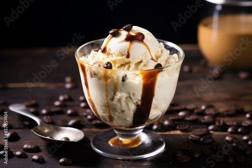 A close-up shot of a freshly made Affogato, with a scoop of vanilla ice cream melting into the hot espresso, served in a clear glass on a rustic wooden table