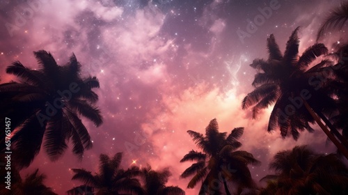 Palm trees are silhouetted against the night sky