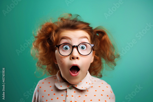 Excited, shock, omg wow expression. Shocked surprised funny elementary school kid girl in glasses looking at camera, sitting on bright green background. Promo offer banner, adverts concept