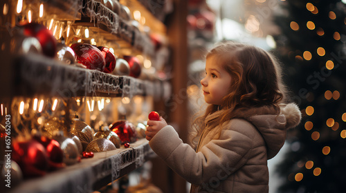 a eurpean girl toddler looking at Christmas tree ornaments, snowning, christmas market commercial photo