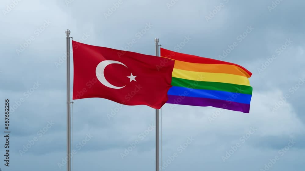 LGBT movement flag also Gay Pride and Turkey flag waving in the wind cycle looped video, tolerance conception in country LGBT movement flag also Gay Pride and Turkey flag waving in the wind cycle looped video, tolerance conception in country