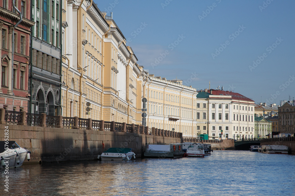 Embankment of the Moika River, view from the water, St. Petersburg, Russia.