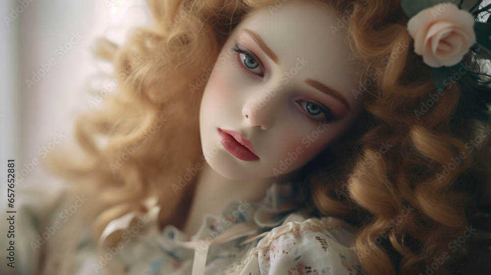 Close-Up of a Porcelain Doll: Emotions in Analog Portraiture Style, Natural Skin Tones, Embellished Facial Features, Muted Tones & Soft Lighting