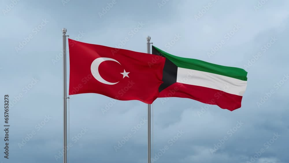Kuwait and Turkey flag waving together on cloudy sky, endless seamless loop, two country cooperation concept Kuwait and Turkey flag waving together on cloudy sky, endless seamless loop, two country cooperation concept
