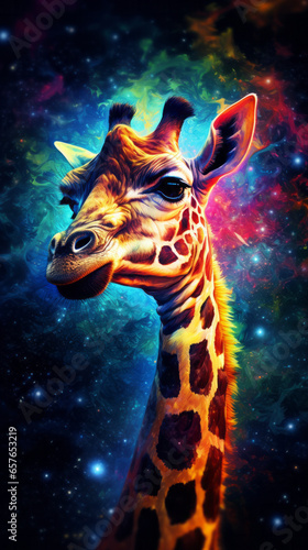 A painting of a giraffe with a colorful background