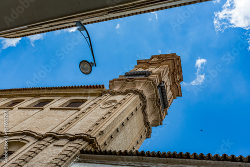 Low angle street view, Andalusian architecture. Spain, Andalusia, travel photograph, warm sunny day