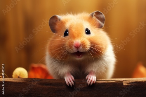 cute friendly hamster standing on wooden background