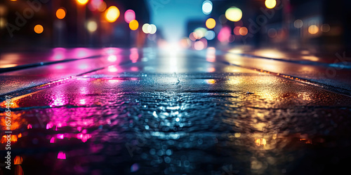 Wet asphalt with neon light.