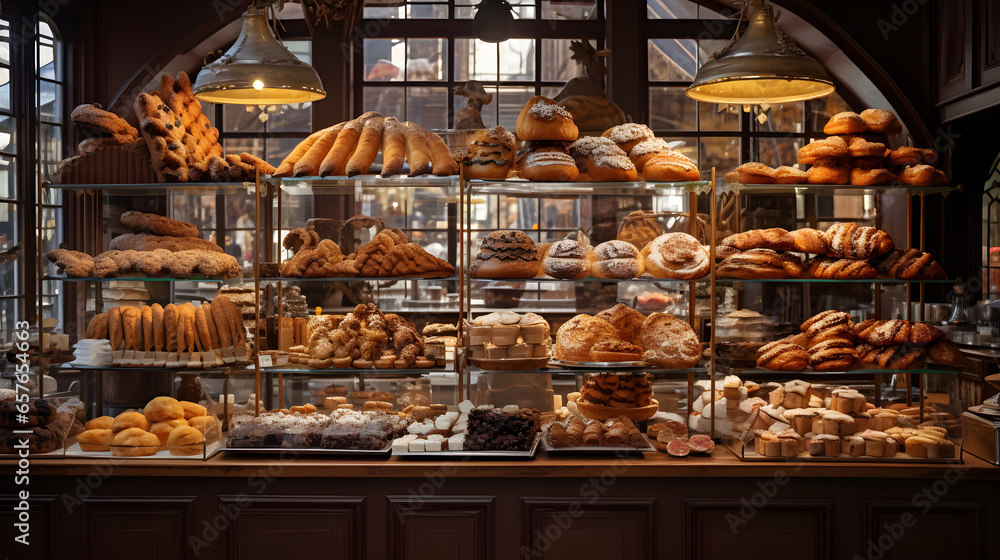 Artisanal bakery displaying pastries and breads in glass showcases Artisanal bakery displaying pastries and breads in glass showcases