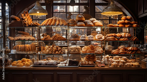 Artisanal bakery displaying pastries and breads in glass showcases