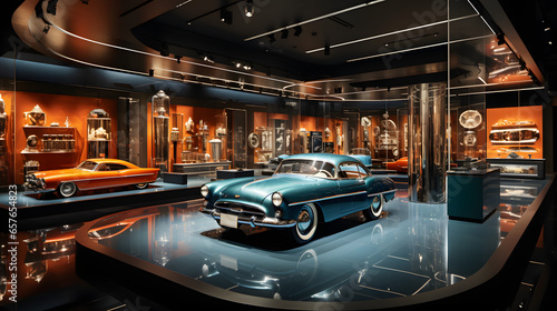 Automotive showroom with iconic car brand models in glass showcases © Matthias