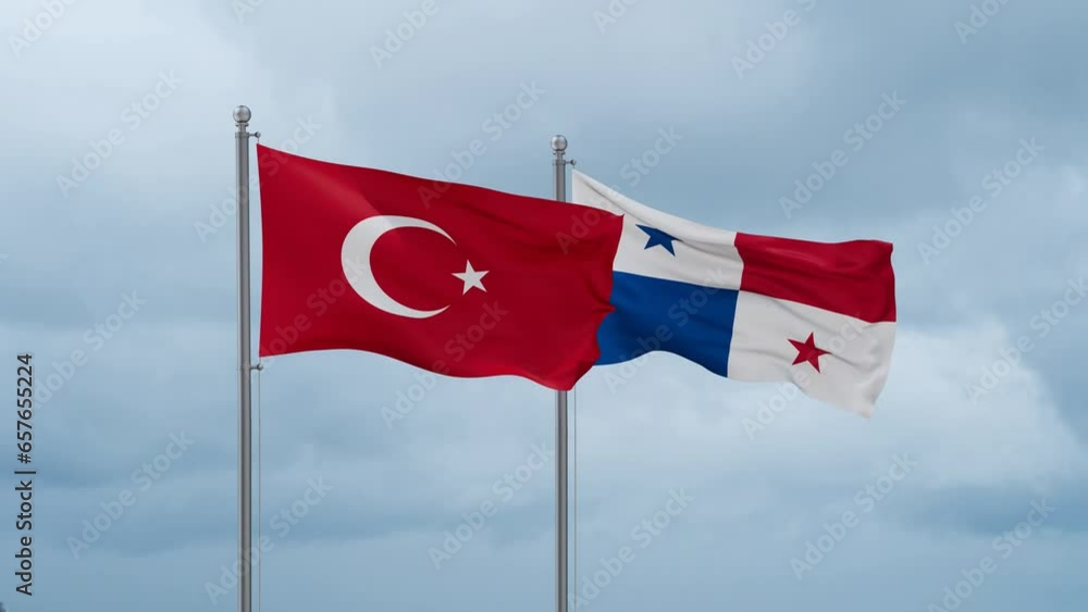 Panama flag and Turkey flag waving together on cloudy sky, endless seamless loop, two country relations concept Panama flag and Turkey flag waving together on cloudy sky, endless seamless loop, two country relations concept