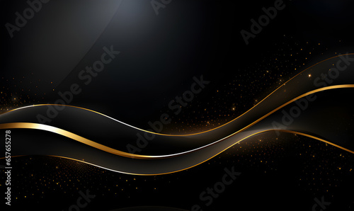 Luxury black background with golden line elements and light ray effect decoration and bokeh.