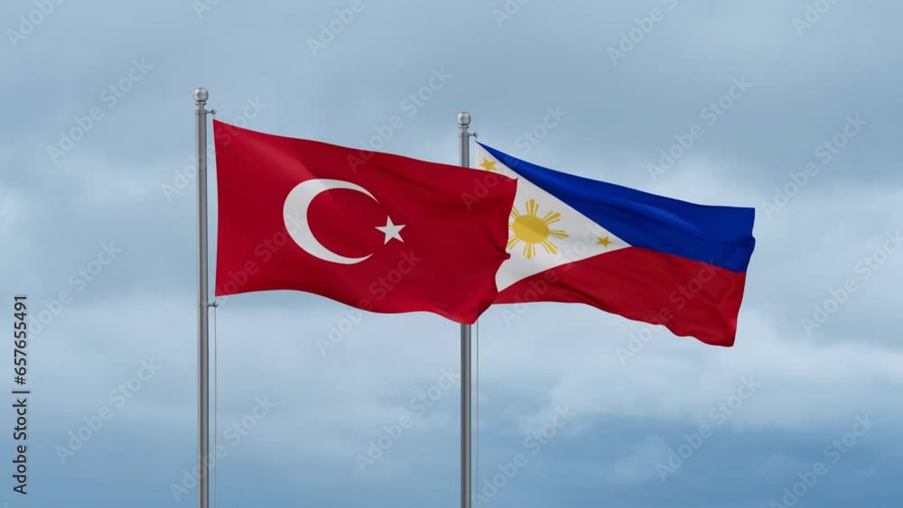 Philippines and Turkey flag waving together on cloudy sky, endless seamless loop, two country cooperation concept Philippines and Turkey flag waving together on cloudy sky, endless seamless loop, two country cooperation concept