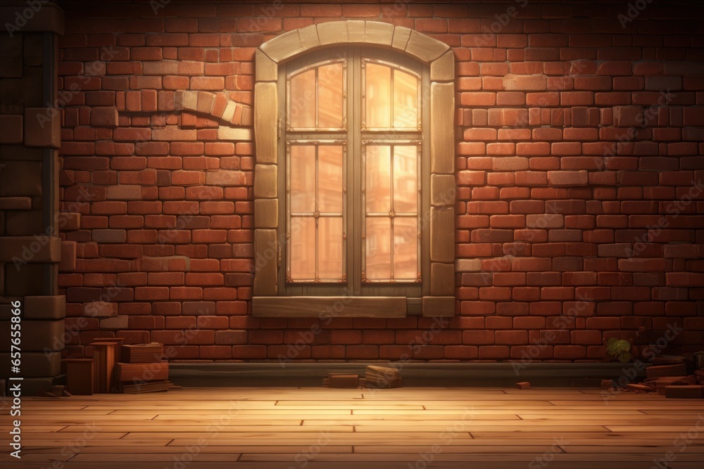 Backdrop of a brick wall with window and door facing outwards. Generative AI. Backdrop of a brick wall with window and door facing outwards. Generative AI.